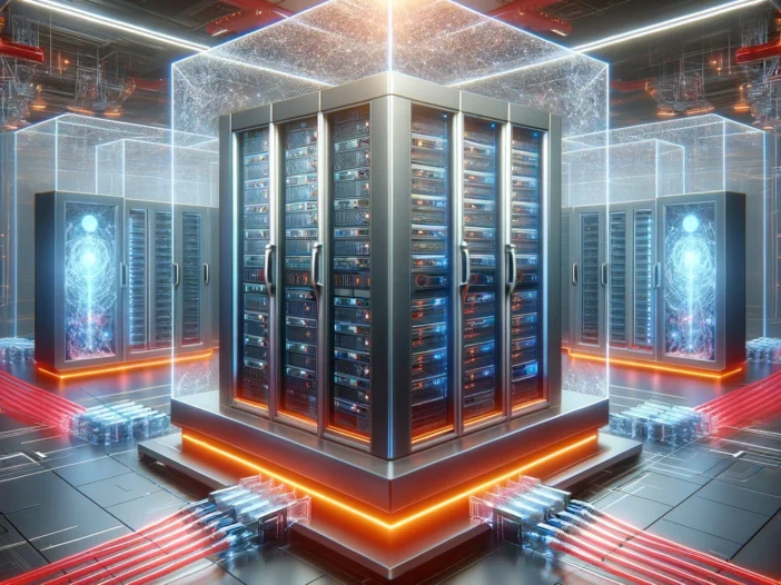 DALL·E 2024-04-22 08.28.41 - A futuristic data center with a prominent, fully opaque physical server rack at the center, surrounded by eight holographic server racks on the left a