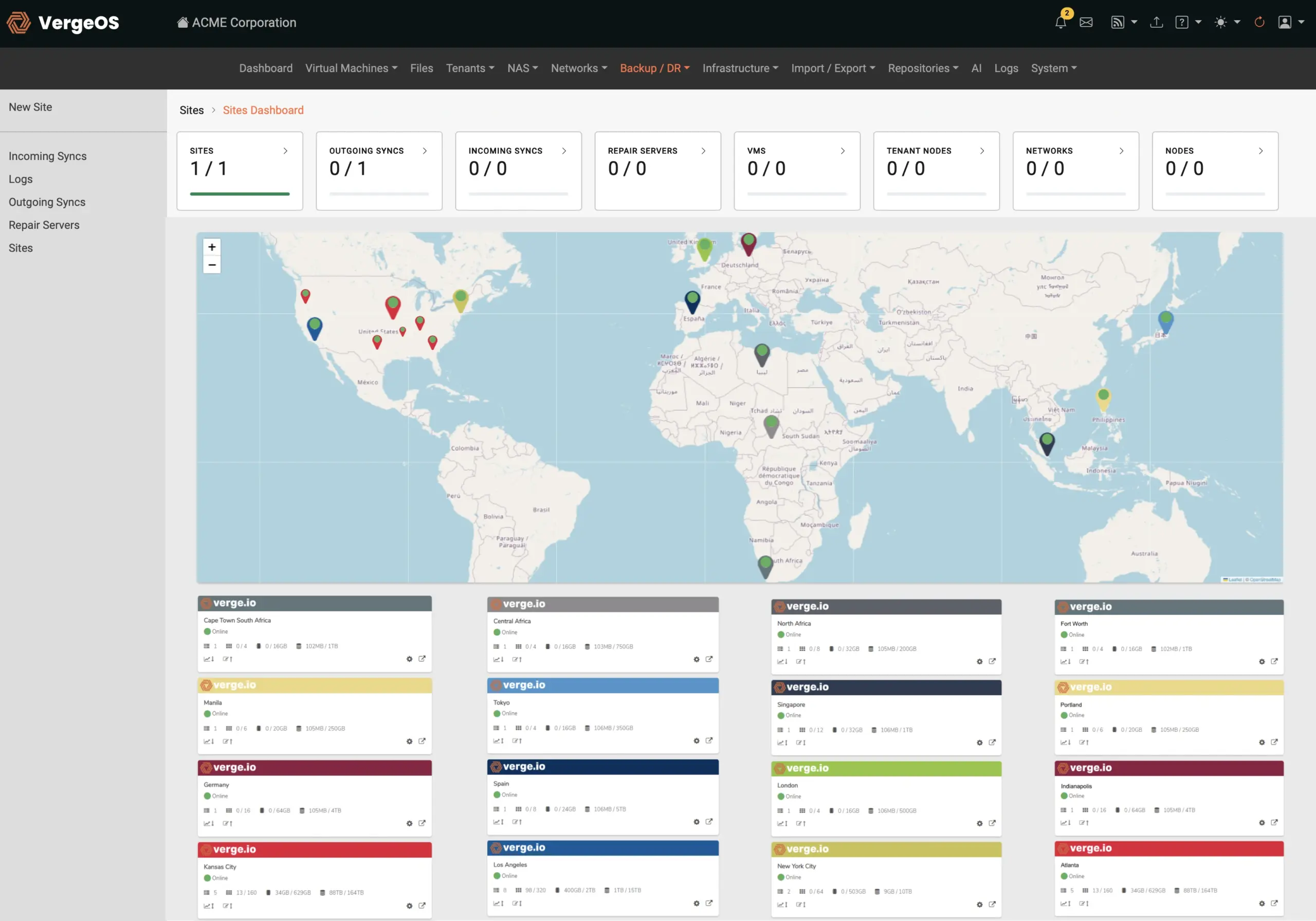VergeOS sites dashboard showing multi-site management and replication