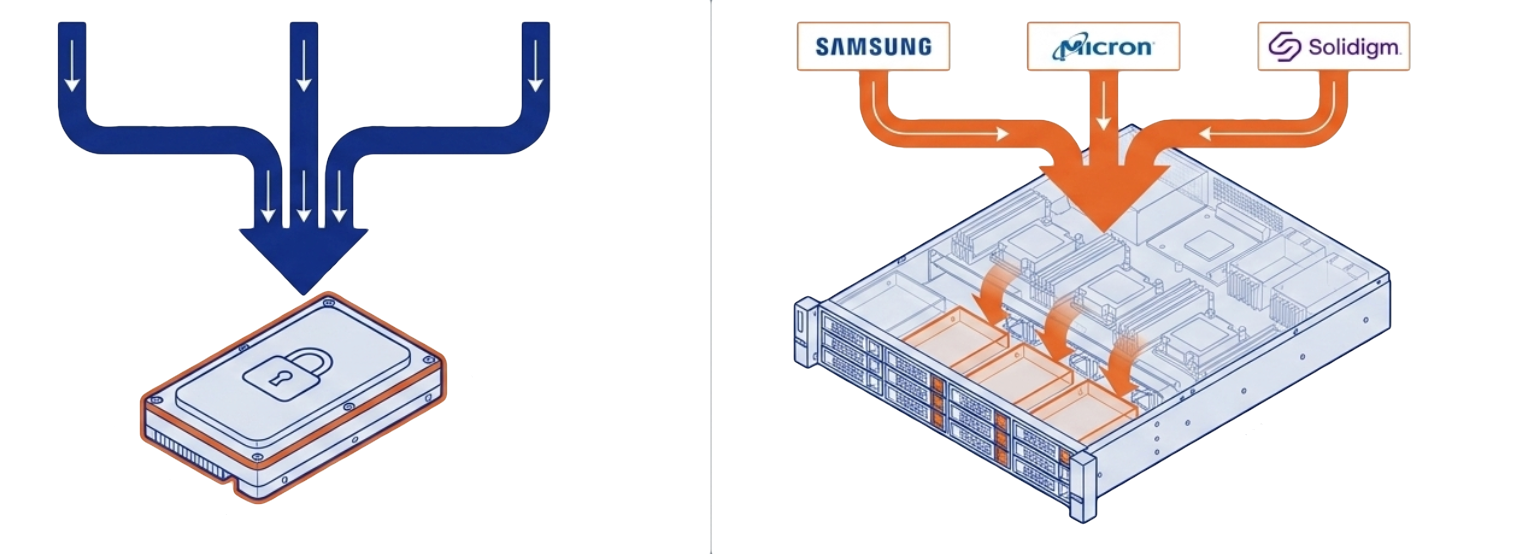 VergeOS multi-source NVMe sourcing vs closed-media single vendor