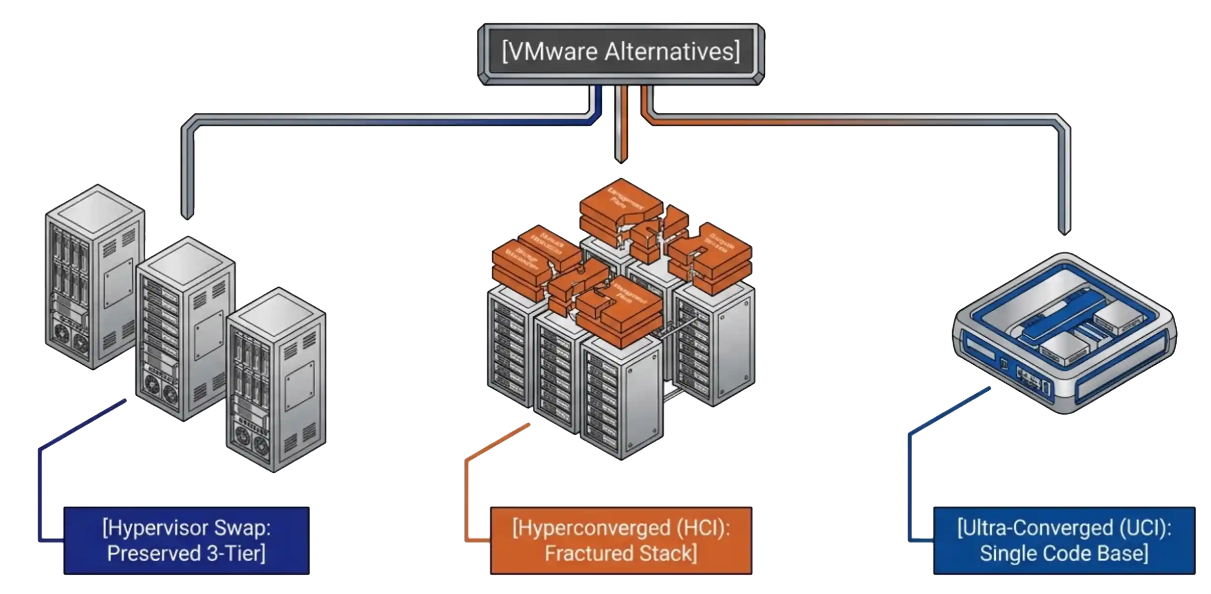 The value of an integrated VMware alternative compared across three types: hypervisor swap, HCI, and UltraConverged infrastructure