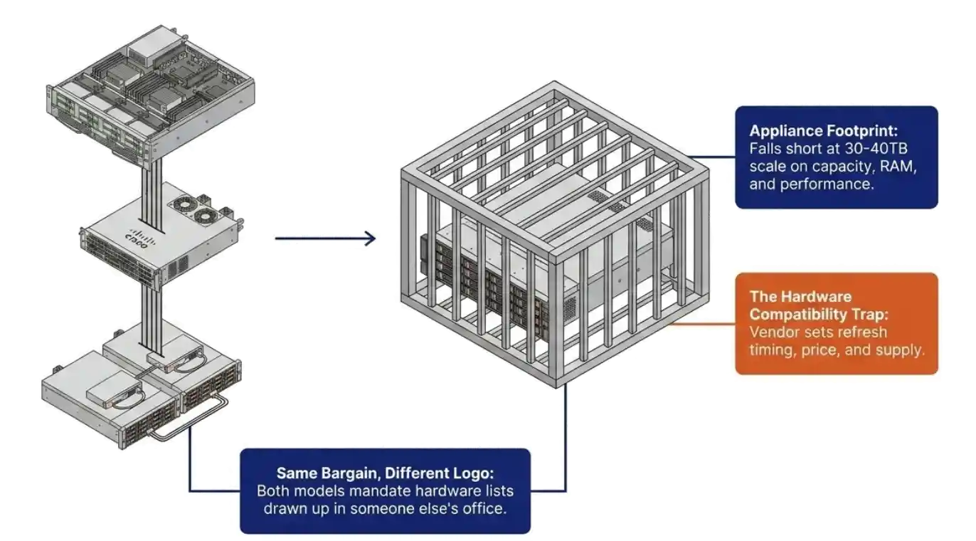 Nutanix and small-footprint hyperconverged appliances weighed as a Pure Storage alternative, limited by node count, capacity, and price